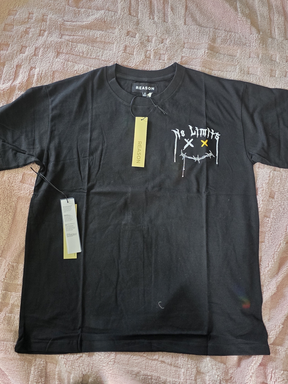 Reason Black 'No Limits' Short Sleeve Tee with White and Yellow Graphic